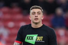 Former Middlesbrough striker Jordan Hugill wearing a Kick it out t-shirt prior to a Sky Bet Championship match at the Riverside Stadium, Middlesbrough. Picture: PA