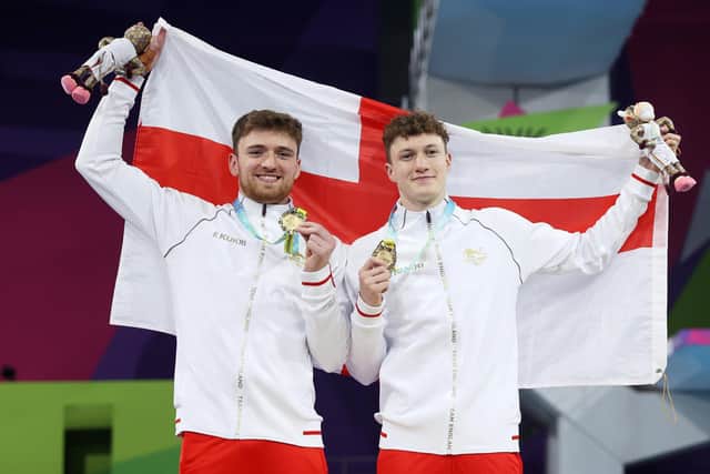 New horizons: Matty Lee with Noah Williams of Team England pose with their medals during the medal ceremony for the Men's Synchronised 10m Platform Final at the Commonwealth Games (Picture: Dean Mouhtaropoulos/Getty Images)