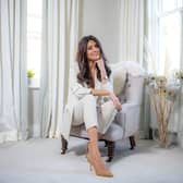 Amy Garcia wears cream suit by Zara and gold top from Reiss, as she celebrates 10 years as BBC Look North presenter with this exclusive photoshoot at her home near York,  captured by The Yorkshire Post photographer Tony Johnson. Amy's hair and make-up by Anita Ashby - www.anita-ashby.com.