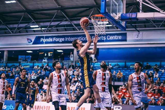 Bennett Koch scores a lay-up against Leicester Riders (Picture: Adam Bates)