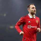 MANCHESTER, ENGLAND - JANUARY 28: Christian Eriksen of Manchester United during the FA Cup Fourth round match between Manchester United and Reading at Old Trafford on January 28, 2023 in Manchester, England. (Photo by Naomi Baker/Getty Images)