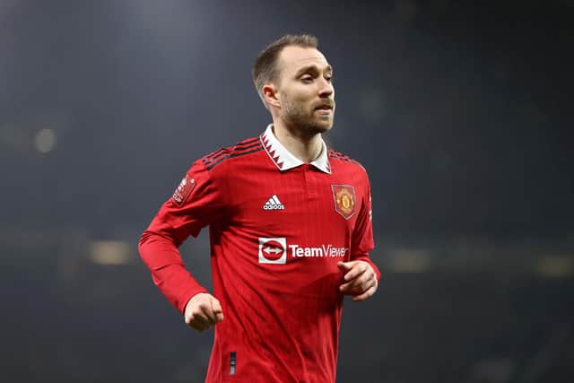 MANCHESTER, ENGLAND - JANUARY 28: Christian Eriksen of Manchester United during the FA Cup Fourth round match between Manchester United and Reading at Old Trafford on January 28, 2023 in Manchester, England. (Photo by Naomi Baker/Getty Images)