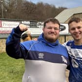 Lock Lane head coach Brad Roberts, left, and winger Harry Render celebrate their side’s Challenge Cup win. (Photo: Mark Staniforth/PA)