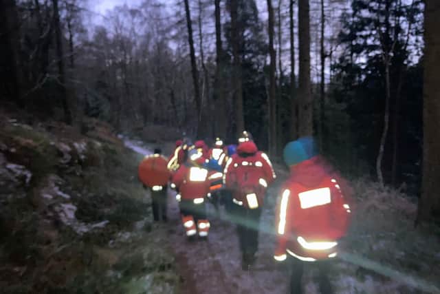 The Yorkshire Vet being rescued and carried from the woods at Kilburn by Cleveland Mountain Rescue Team.