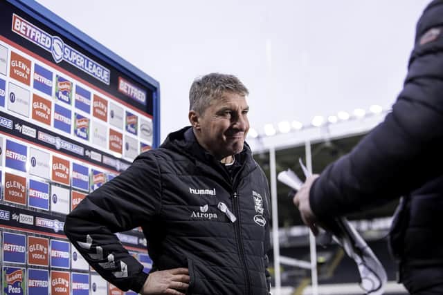 Tony Smith interviewed after his side's loss to Salford. (Photo: Allan McKenzie/SWpix.com)