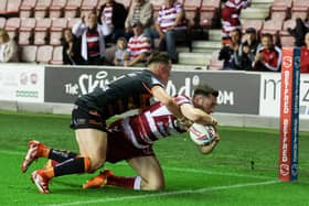 Jake Wardle of Wigan Warriors scores the 3rd try against Castleford (Picture: Paul Currie/SWpix.com)