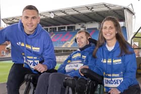 Rob Burrow with his wife Lindsey Burrow (right) and Kevin Sinfield during a media day held at Headingley Stadium ahead of Clarion Rob Burrow Leeds Marathon 2023 on Sunday.  (Photo credit: Danny Lawson/PA Wire.)