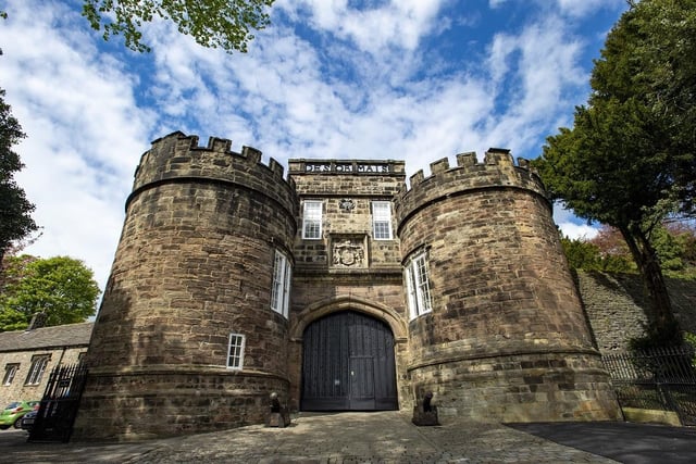 The entrance of Skipton Castle in May 2020. It has a rating of four and a half stars on TripAdvisor with 2,166 reviews.