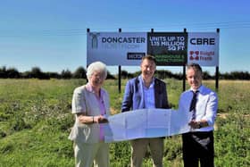 (Left to right) Mayor Ros Jones, Jason Stowe from Wilton Developments and Dan Swaine, Doncaster’s director for Place at the Doncaster North development site.