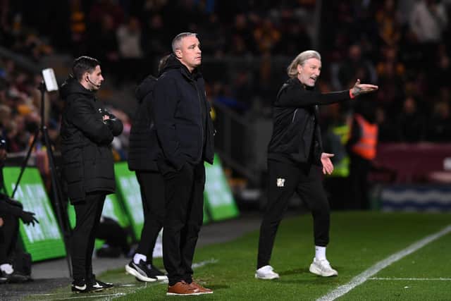 Bradford City manager Michael Duff (centre) (Image: Jonathan Gawthorpe)