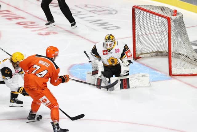 THAT'S FOR STARTERS: Brandon Whistle (#74) opens the scoring for Sheffield Steelers against Swedish champions Skellefteå at the Utilita Arena on Sunday night. Picture: Dean Woolley/Hayley Roberts/Steelers Media.