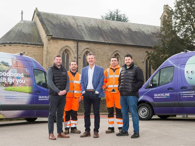 Rural broadband provider Quickline Communications has been awarded a Project Gigabit contract to connect thousands of homes and businesses in rural South Yorkshire. Pictured in the South Yorkshire village of Woodsetts are Quickline team members, from left, Ashley Heidstra, Area Build Manager; Ryan Johnson, Cabling Operative; Sean Royce, CEO; Shaun Smith, Splicer Operative; and Lee Jackson, Area Build Manager. (Photo by Sean Spencer/Hull News & Pictures Ltd)
