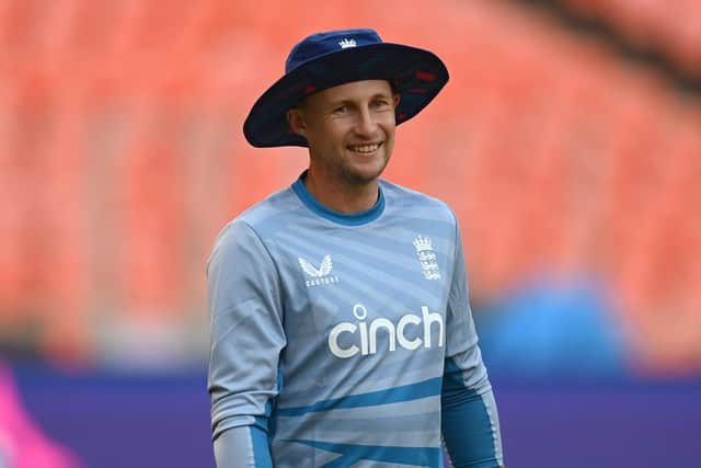It was all smiles for Joe Root in the nets ahead of England's World Cup opener against New Zealand. The former Test captain is one of five Yorkshire players in the champions' squad. Photo by Gareth Copley/Getty Images.