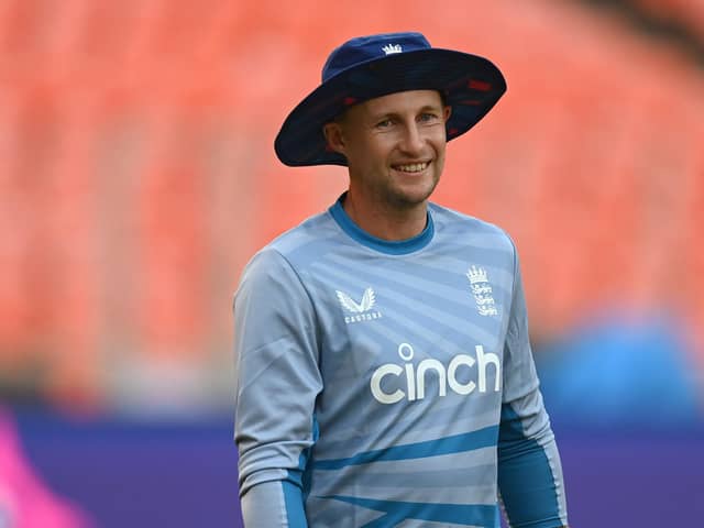 It was all smiles for Joe Root in the nets ahead of England's World Cup opener against New Zealand. The former Test captain is one of five Yorkshire players in the champions' squad. Photo by Gareth Copley/Getty Images.