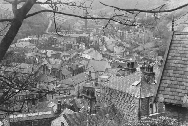 Panoramic viewed from the Birchcliffe hillside looking towards Todmorden. Photo taken on November 22, 1976.