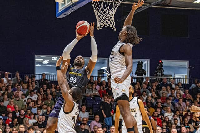 Sheffield Sharks's Jubril Adekoya attempts a dunk in the first ever game at the Canon Medical Arena (Picture: Tony Johnson)