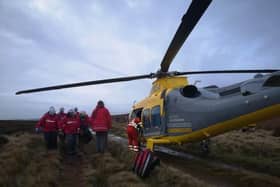 Derbyshire, Leicestershire & Rutland Air Ambulance assisted Edale Mountain Rescue Team in saving a woman who fractured her leg in a cow attack near Sheffield. Photo: Edale MRT