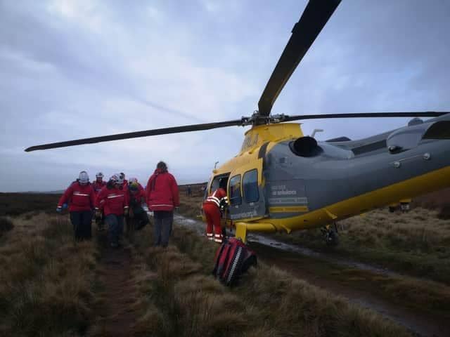 Derbyshire, Leicestershire & Rutland Air Ambulance assisted Edale Mountain Rescue Team in saving a woman who fractured her leg in a cow attack near Sheffield. Photo: Edale MRT