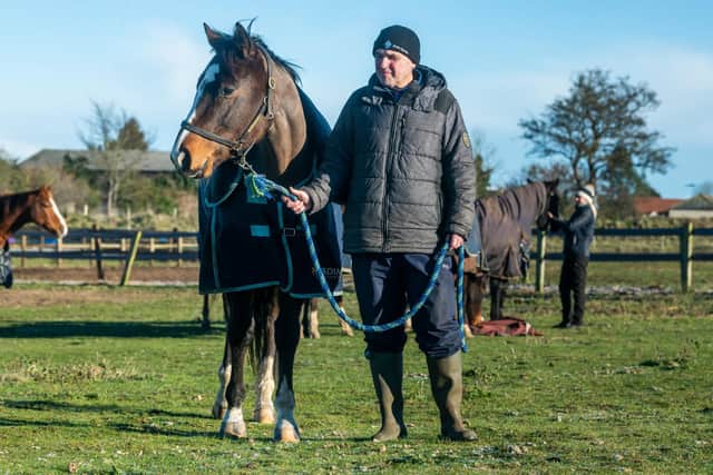 Racehourse trainer Neville Ender, of Swallows Barn, East Heslerton, Malton, North Yorkshire, with one of their racehourses Accompanied which he hopes to enter in this seasons Point to Point events.
