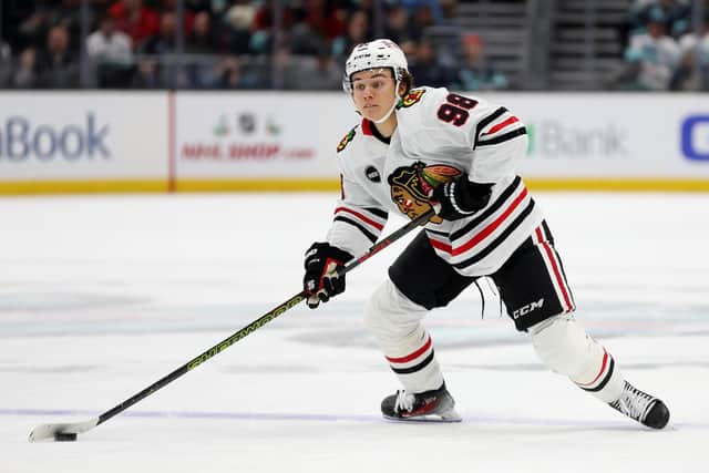 DANGER MAN: Connor Bedard has been a star for the Chicago Blackhawks in his first NHL season after being the No1 draft pick last summer. Picture: Steph Chambers/Getty Images