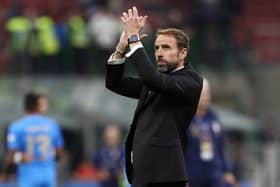 Gareth Southgate, manager of England applauds their fans after the final whistle of the UEFA Nations League League A Group 3 match between Italy and England at San Siro on September 23, 2022 in Milan, Italy. (Photo by Marco Luzzani/Getty Images)