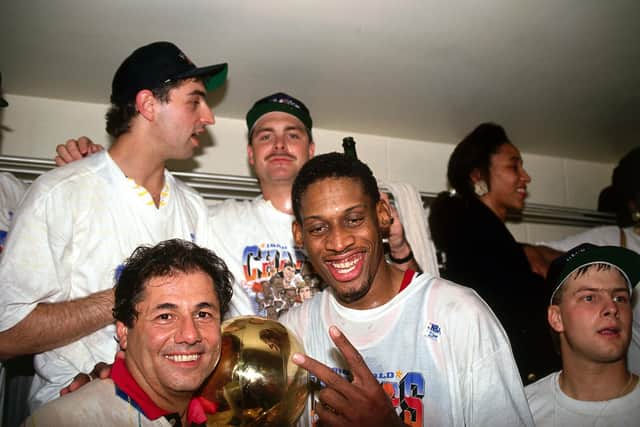 Dennis Rodman of the Chicago Bulls celebrates with his teammates after winning their second straight NBA Championship Title (Photo: Nathaiel S. Butler/NBAE/Getty Images)