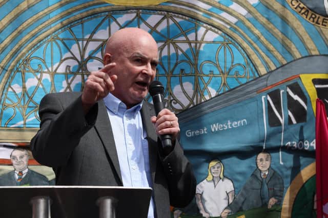 Mick Lynch, secretary-general of the National Union of Rail, Maritime and Transport Workers (RMT) speaks during a rail strike rally. PIC: Hollie Adams/Getty Images