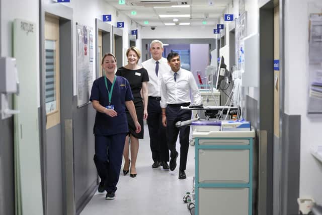 Prime Minister Rishi Sunak (right) with Secretary of State for Health Steve Barclay (3rd-left) and NHS Chief Executive Amanda Pritchard (2nd-left) during their tour of University Hospital of North Tees, as part of their visit to County Durham. Picture date: Monday January 30, 2023. PA Photo. Photo credit should read: Phil Noble/PA Wire 
