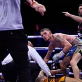 Dalton Smith knocks out Sam Maxwell in the seventh round and then checks he's okay before celebrating. (Picture: Mark Robinson Matchroom Boxing)