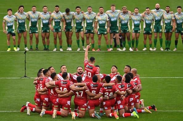 Players of Tonga perform the Sipi Tau ahead of the game in Middlesbrough. (Photo by Stu Forster/Getty Images)