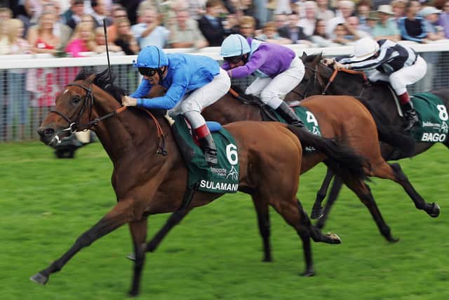 The best: Godolphin trained Sulamani (6) ridden by Frankie Dettori wins the Juddmonte International Stakes ahead of Norse Dancer (4) ridden by J.F Egan and Bago ridden by T. Gillet on August 17, 2004. It is one of Dettori's five wins in the race. (Picture: Alex Livesey/Getty Images)