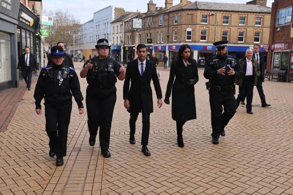 Prime Minister Rishi Sunak and Home Secretary Suella Braverman were pictured with police as they announced new measures to tackle crime and anti-social behaviour. PIC: Jack Hill/The Times/PA Wire