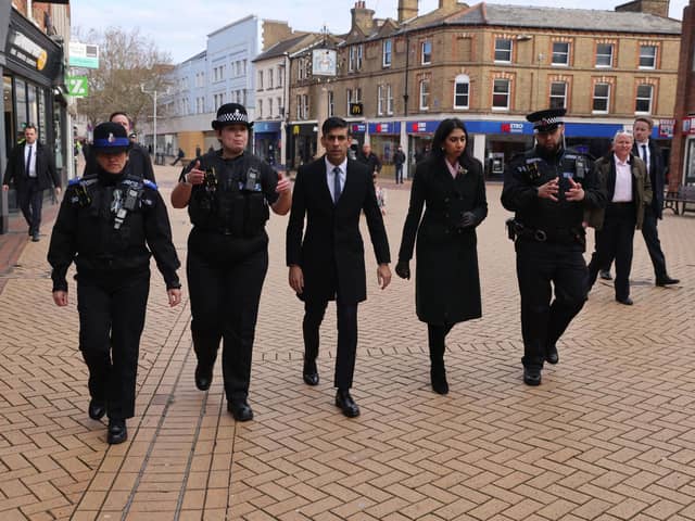 Prime Minister Rishi Sunak and Home Secretary Suella Braverman were pictured with police as they announced new measures to tackle crime and anti-social behaviour. PIC: Jack Hill/The Times/PA Wire