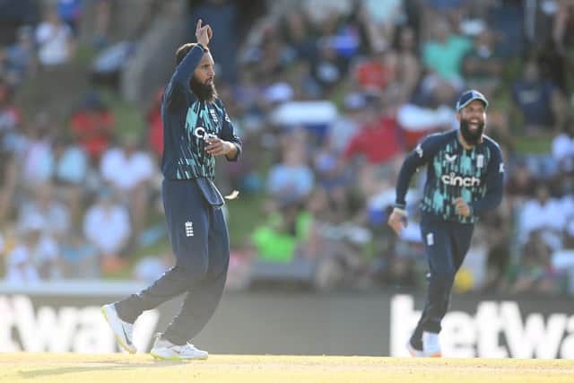 Adil Rashid, left, celebrates the wicket of Aiden Markram but England went down to another defeat in Bloemfontein. Photo by Alex Davidson/Getty Images.