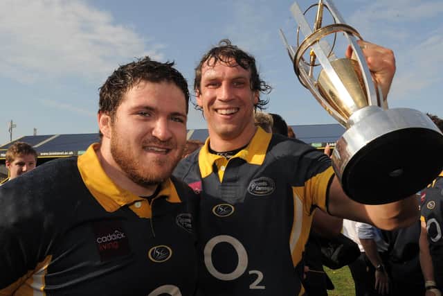 12 april 2009.Leeds Carnegie v Newbury.Carnegie captain Mike McDonald, left, and Jon Pendlebury with the National Division One Trophy after a successful promotion season for Leeds Carnegie in 2008/09 (Picture: Mark Bickerdike)