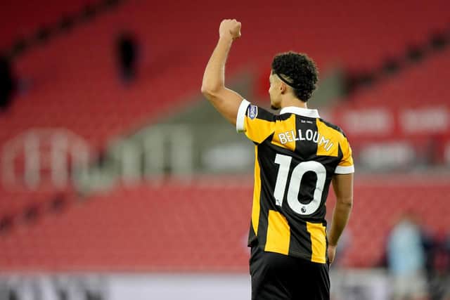 Hull City's Mohamed Belloumi celebrates after scoring his winning penalty in the shoot out after the Carabao Cup second round match at Stoke.