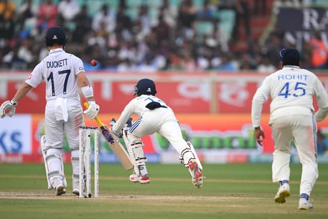 Srikar Bharat, the India wicketkeeper, dives forward to take the catch that removed Ben Duckett off Ravichandran Ashwin late on day three. Photo by Stu Forster/Getty Images.