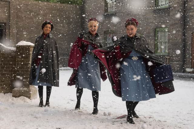 Pictured: Nurse Lucille Anderson (LEONI ELLIOTT), Nurse Trixie Franklin (HELEN GEORGE), Nurse Nancy Corrigan (MEGAN CUSACK) in Call the Midwife. Credit: PA Photo/BBC/Neal Street Productions/Olly Courtenay.