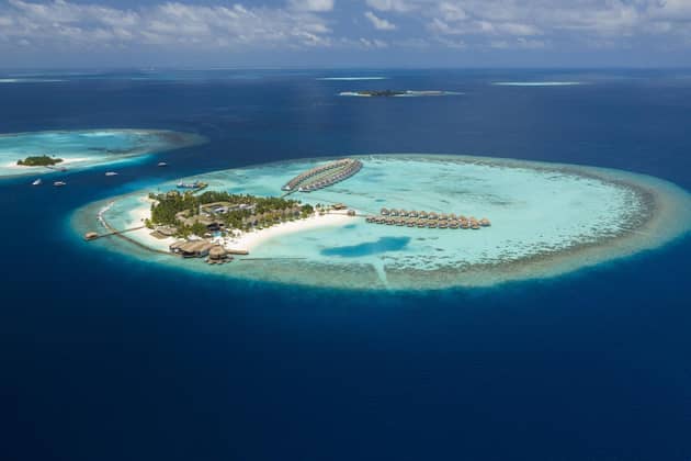 A panoramic view showing the Outrigger Maafushivaru island, in the Maldives.