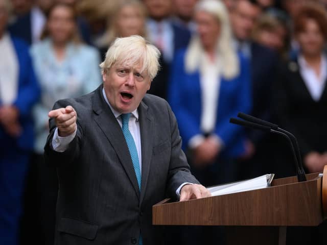 Boris Johnson addresses the media from outside number 10 before formally resigning as Prime Minister, at Downing Street on September 06, 2022 in London. Photo by Leon Neal/Getty Images.