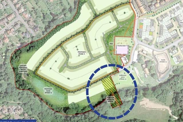 Proposed Site Footbridge Circled In Blue At High Mill Farm, Scalby. Courtesy Keepmoat