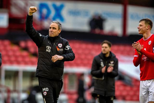 Michael Duff, pictured after Barnsley's win over Plymouth in March. Picture: Bruce Rollinson