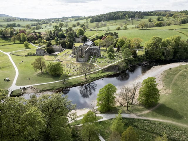 An aerial view of the River Wharfe and Bolton Priory on the Bolton Abbey Estate, at the edge of the Yorkshire Dales National park, near Skipton, northern England. (Photo by Oli SCARFF / AFP) (Photo by OLI SCARFF/AFP via Getty Images)