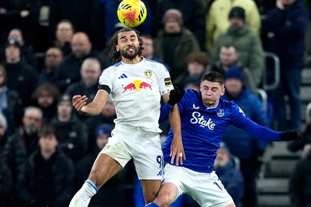 HEADS UP: Dominic Calvert-Lewin (left) beats Vitaliy Mykolenko in the air (Image: Peter Byrne/PA Wire)