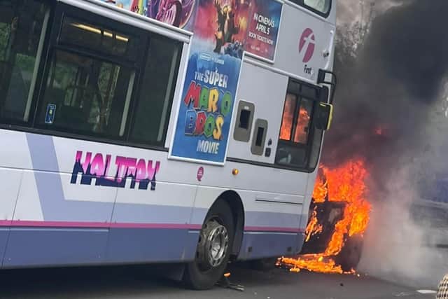 The burning car hit the bus in West Vale