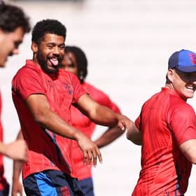 GETTING READY: England's Kallum Watkins and AJ Brimson share a joke during Thursday's training session at WIN Stadium in Wollongong. Picture by Mark Kolbe/SWpix.com