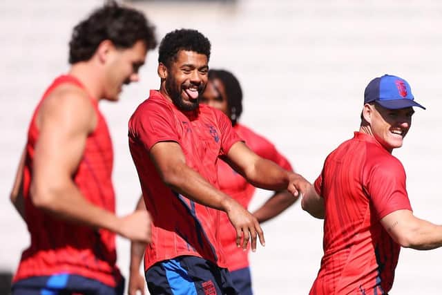 GETTING READY: England's Kallum Watkins and AJ Brimson share a joke during Thursday's training session at WIN Stadium in Wollongong. Picture by Mark Kolbe/SWpix.com