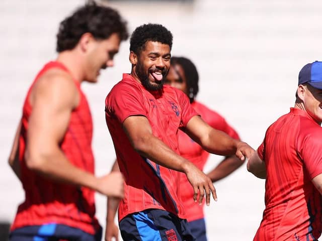 GETTING READY: England's Kallum Watkins and AJ Brimson share a joke during Thursday's training session at WIN Stadium in Wollongong. Picture by Mark Kolbe/SWpix.com