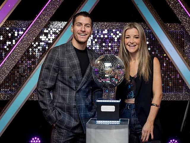 Helen Skelton and Gorka Marquez with the glitterball trophy ahead of BBC1's Strictly Come Dancing final on Saturday.  (Photo credit: Guy Levy/BBC/PA Wire)