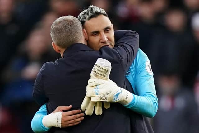 SAVIOUR: Nottingham Forest manager Steve Cooper hugs goalkeeper Keylor Navas